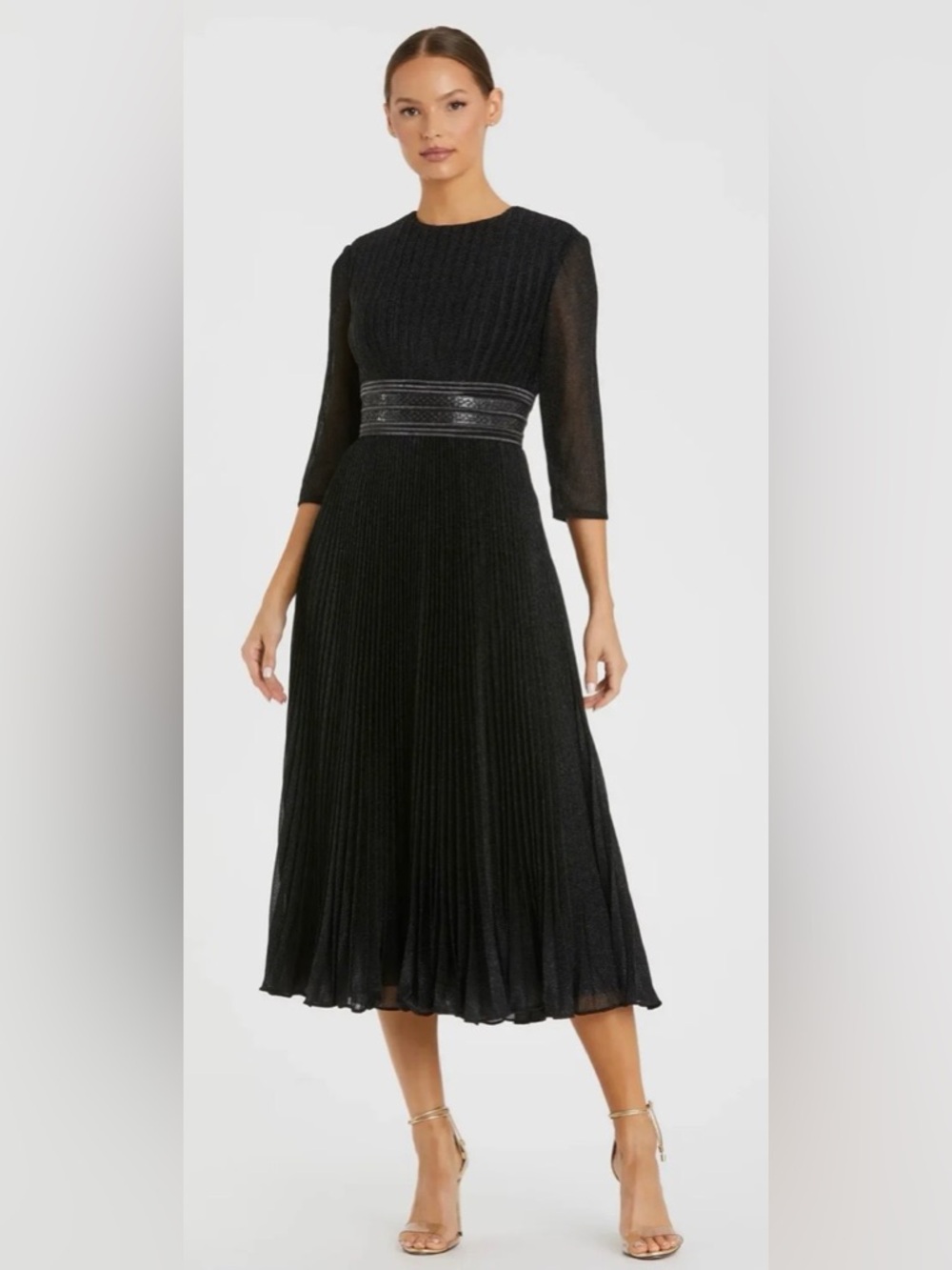 MAC DUGGAL Black Shimmering 3/4 Sleeve A-Line Midi Dress Cocktail Black Tie Gown